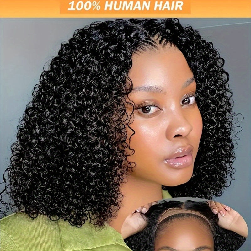 4x4 Put On And Go Glueless Bob Wig Human Hair Curly For Women Kinky Curly Lace Front Wig Human Hair Pre Plucked Pre Cut Lace Ready To Wear 180% Density Natural Black